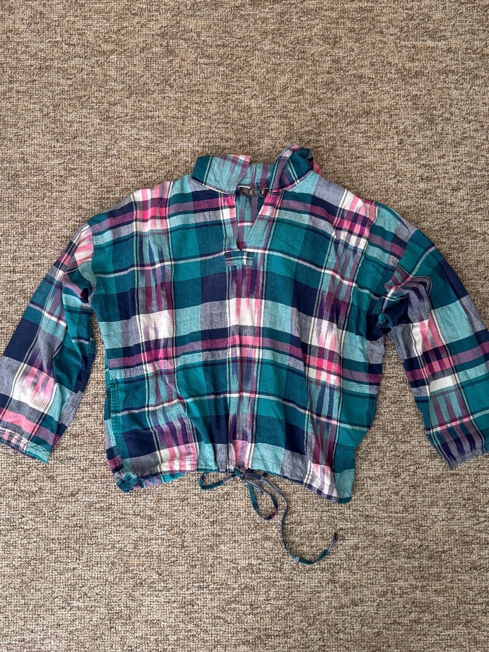 Vintage Plaid Hooded Drawstring Top — Teal, Navy & Pink (Size in description)